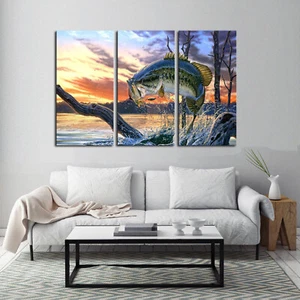 Multi Panel Druck groß Barsch Angeln Leinwand Wandbild Fischer Mann Höhle 5 Stück - Bild 1 von 11