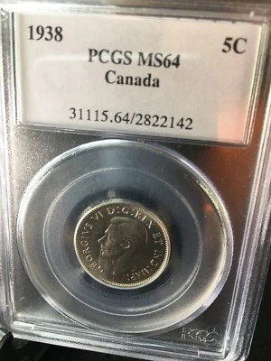 1938  PCGS Graded Canadian,  ¢5 Cent, **MS-64** - Image 1 of 2