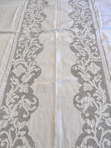 BIG Vintage Bright White Linen Tablecloth Punchwork BANQUET 64x114 - Picture 1 of 12