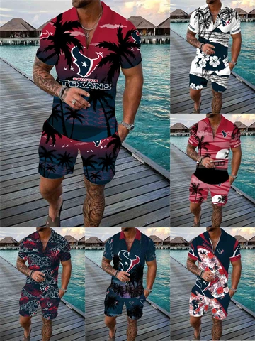 Houston Texans Men's Hawaiian Casual Tops Running Board Shorts 2PCS Tracksuits Cover