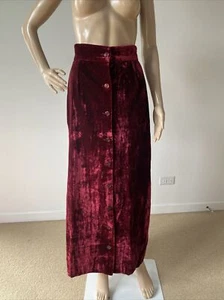 Vintage langer durchgehender roter Samtrock volle Knopfleiste Viskose XS 24" - Bild 1 von 16