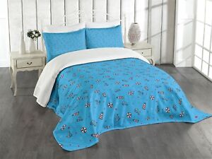 Lighthouse Quilted Bedspread & Pillow Shams Set, Polka Dots Marine Print