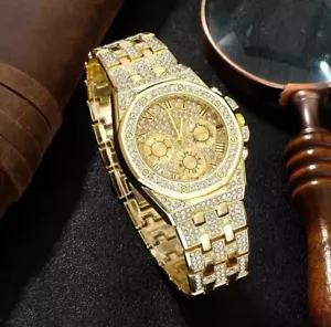 Men's Big Hip Hop Watch Iced Simulated CZ Baguettes Gold Plated + Chain - Picture 1 of 7