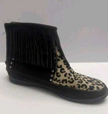 Montana West Leopard Print Ankle Zip-Up Boots Tassel Western Boots Fringe Black - Image 1 of 4