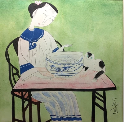 Hu Yongkai (Chinese B. 1945) Gouache on Paper Signed - Lady with Cat and Koi - Image 1 of 4