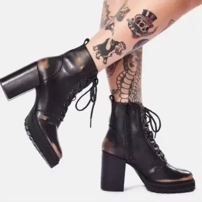 Steve Madden Rivet Combat Lace-Up Block Heel Boots Black Leather Womens Size 9.5 - Imagem 1 de 4