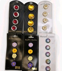 Vtg Button Covers Lot 25 Variety On 6 Cards Acrylic Metallic Floral Red Yellow - Picture 1 of 6