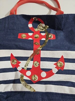 Грязь пирог большой мешковина сумка с короткими ручками джутовая сумка морской якорь золото блестки красный белый синий - Изображение 1 из 4