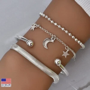 Fashion Women Jewelry Bracelets Snakebone Moon Star Beads Wrist Chain 1934 - Picture 1 of 3