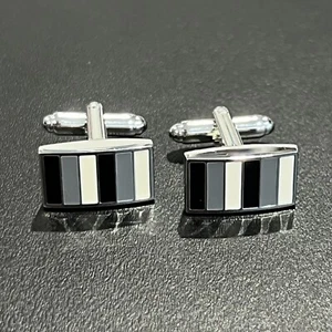 Black White Stripes Rectangle Cuff Link With Box Men Birthday Father’s Day Gift - Picture 1 of 7