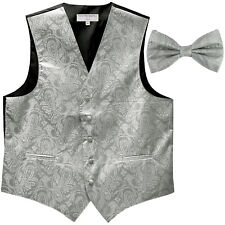 New Polyester Men's Tuxedo Vest Waistcoat & Bow tie Paisley Pattern silver prom
