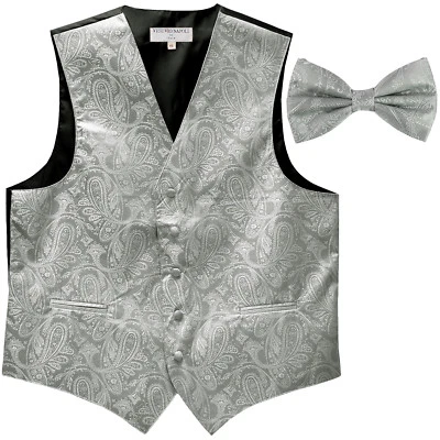 New Polyester Men's Tuxedo Vest Waistcoat & Bow tie Paisley Pattern silver prom - Image 1 of 4