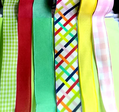 Summer Wired Ribbon Bundle 23 yards 1.5", 2" & 2.5 Plaid Solids Green Pink Red - Image 1 of 4
