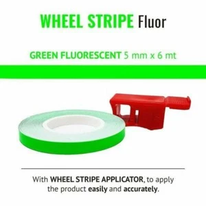 GREEN FLUORESCENT WHEEL RIM TAPE AND APPLICATOR 5mm x 6mt REFLECTIVE VINYL SELF - Bild 1 von 4