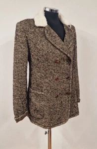 Moloh Tweed herringbone coat size 12 brown black pure wool borg collar unlined - Picture 1 of 10