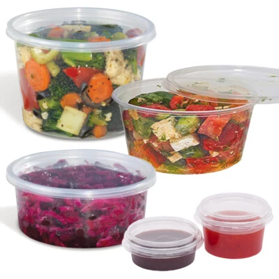 Round Plastic Food Containers with Lids Clear Pots Tubs for Deli Dip Takeaway - Image 1 of 4