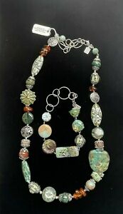 Desert Heart Necklace Bracelet Set Agate Jasper Amber Crystal Sterling Plated