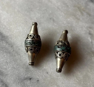 2pcs Tibetan Silver Turquoise Handmade Beads 31x12mm CC136 - Image 1 of 2