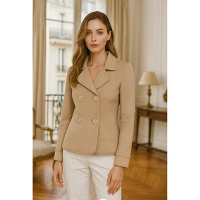 Chaqueta Blazer Talbots Talla 6P Petite Doble Pecho Corta Carrera Beige Academia Foto 1 de 4