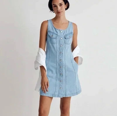 全新带标签 MADEWELL 牛仔迷你连衣裙 00 码接缝无袖蓝色 Palomilla 洗 — 第 1/4 张图片