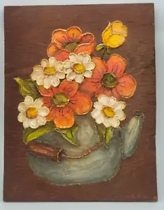 Vtg Artist Signed Floral Oil Painting on Wood Still Life Florals in Tea Kettle - Picture 1 of 7
