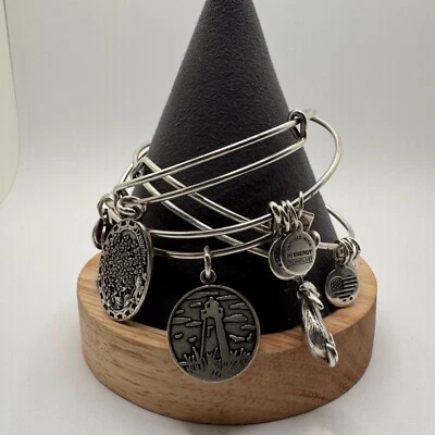 Lot of 3 Alex and Ani Charm Bracelets Otter, Daughter, Sister Charms Silver Tone - Image 1 of 4