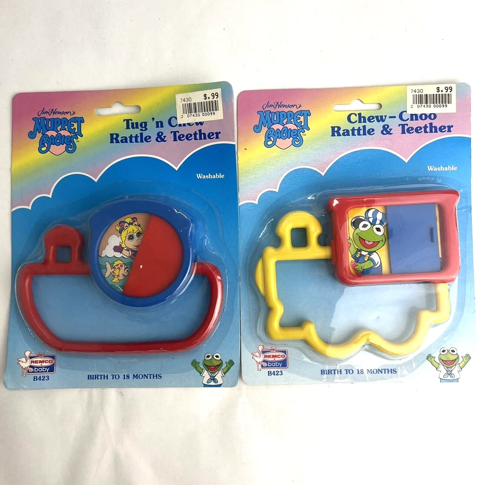 1992 Remco Baby Muppet Babies Tug n' Chew Rattle Teether Miss Piggy & Fozzy
