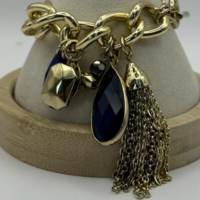 Lane Bryant 流苏和蓝色珠宝小饰品手链金色切换扣 — 第 1/4 张图片