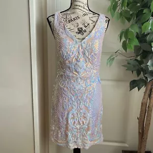 Pear Culture Iridescent Sequin Bodycon Sleeveless Mesh Panel Dress White Sz 9/10 - Picture 1 of 16