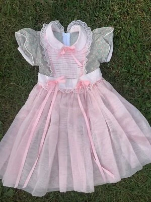 Vintage Girls PINK SHEER DRESS Pleats LACE Toddler Prairie Smocked 3T ❤️sj17j6 - Image 1 of 4