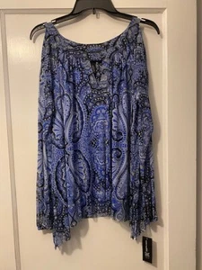 INC Women's Tunic Sheer L/S Blue Paisley Keyhole Neck Cold Shoulder Tunic NWT OX - Picture 1 of 5