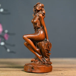 Chinese Boxwood Wood Carving Sexy Woman Statue Wooden Sculpture Decor ornament - Picture 1 of 18