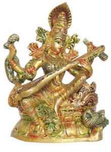 Saraswati Statue Brass Hindu Goddess of Knowledge Wisdom Vastu Puja Idol 10.5" - Picture 1 of 4