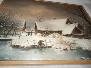 NEW Vintage Look WINTER HOUSE VILLAGE Scene Framed PICTURE 16" X 12" Snow Tree - Picture 1 of 4