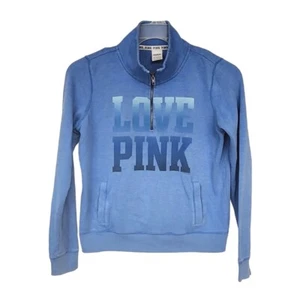 Victoria’s Secret PINK M Womens Sweatshirt Blue 1/4 Zip Pullover Logo Pockets - Picture 1 of 5