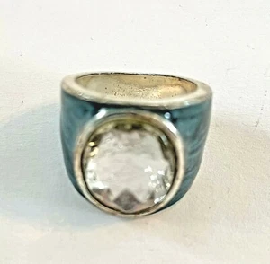 ANELLO COCKTAIL SMALTO BLU STRASS TONO ARGENTO P550 - Foto 1 di 8
