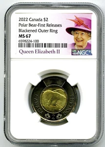 2022 CANADA $2 BLACK RING NGC MS67 FIRST RELEASES QUEEN ELIZABETH TOONIE FM ROLL - Picture 1 of 2