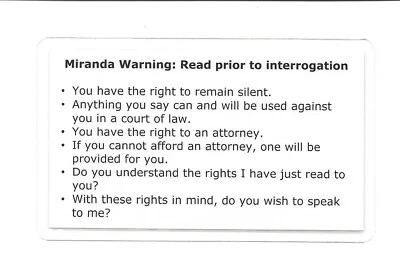 Miranda Warning (Rights) & Phonetic Alphabet Card / LE / CHP / Sheriff / Police