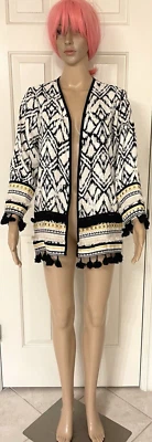 RIVER ISLAND Mujer Marfil Negro Borla Flecos Boho Kimono Chaqueta Talla: 12 UK / 8 US Foto 1 de 4