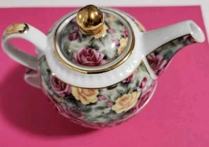 Grace Teaware Mint Gold Scroll Fine Porcelain Tea For One Set - Teapot And Cup - Picture 1 of 21