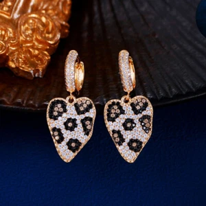 Chic Gold Plated Leopard Print Cubic Zircon Irregular Heart Dangle Drop Earrings - Picture 1 of 8