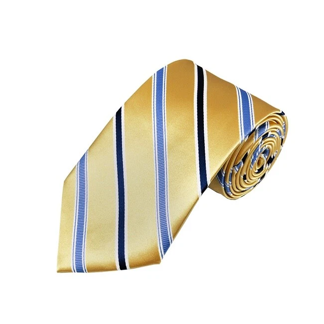 Corbata tejida a rayas estrechas de acero azul y azul marino oscuro sobre oro miel Foto 1 de 1