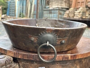 Ancient Old Wooden Hand Carved Iron Handle Beautiful Bowl Parat Big Bowl - Picture 1 of 11