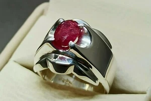 Natural Pigeon Dark Red Afghan 2 Ct Ruby Sterling Silver 925 Handmade Mens Ring - Picture 1 of 12