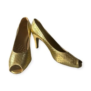 Vintage Christian Dior Souliers France Gold Open Toe Pumps, Size 6 1/2 B - Picture 1 of 15