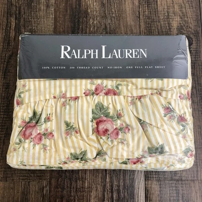 Vintage Ralph Lauren SOPHIE Floral Yellow Stripe FULL Flat Sheet 100% Cotton USA - Image 1 of 4