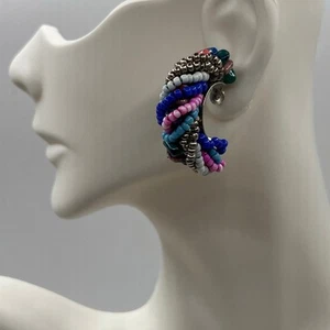Vintage Earrings-Beaded Half Hoop- Turquoise-Coral-Hematite- Twirled Beads - Foto 1 di 5