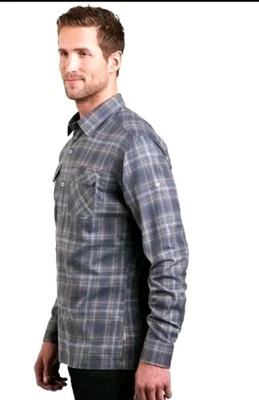 Kuhl Dillingr 法兰绒衬衫男式大号蓝色棕褐色口袋 Tencel 徒步户外  — 第 1/4 张图片