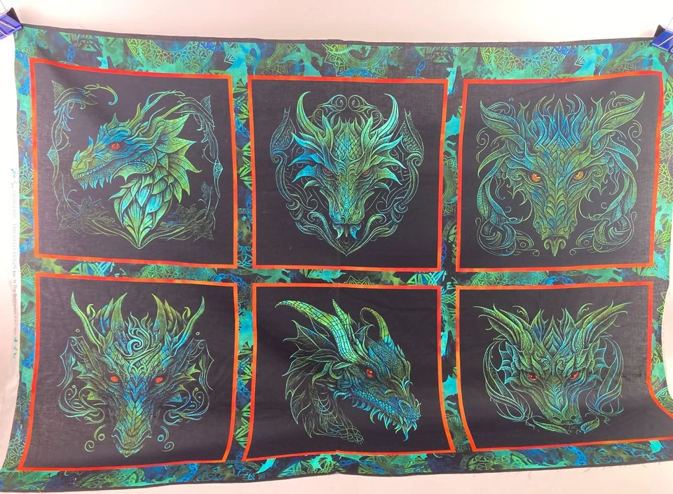Panel de tela cabezas de dragón Emerald Reign 6 bloques verde azul celta 31" x 44" Foto 1 de 4