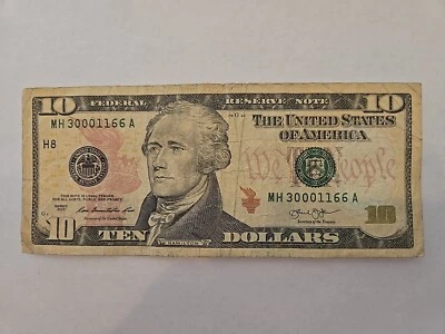 2013 St.  Louis $10 Dollar Bill Trinary Fancy Serial MH 30001166 A FR Note  - Image 1 of 2